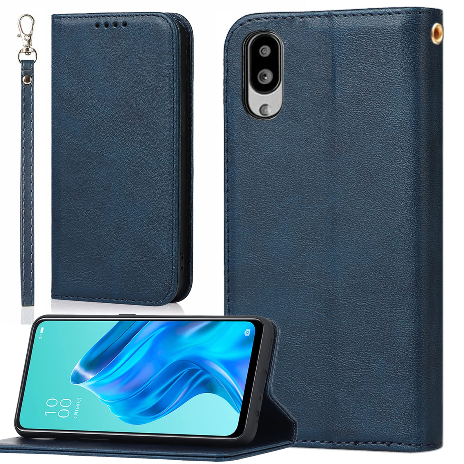 BonwFzin 適用 シンプルスマホ6 A201SH / シンプルスマホ7 A404SH ケース 手帳型 ストラップ BASIO active SHG09 / BASIO active2 SHG12 スマホケース ベイシオ アクティブ 手帳型カバー 携帯カバー PU レザー ストラップホール付き マグネット フリップ カード入れ カード収納 スタンド 落ち着いた色 レトロ ネイビー