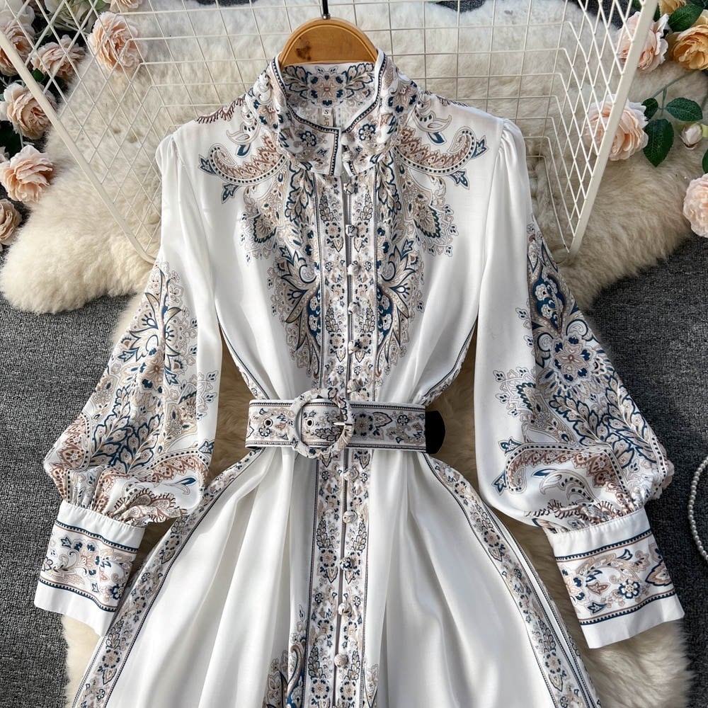 花柄 プリント ワンピース きれいめ 共ベルト エレ派 2色 (M9523)α