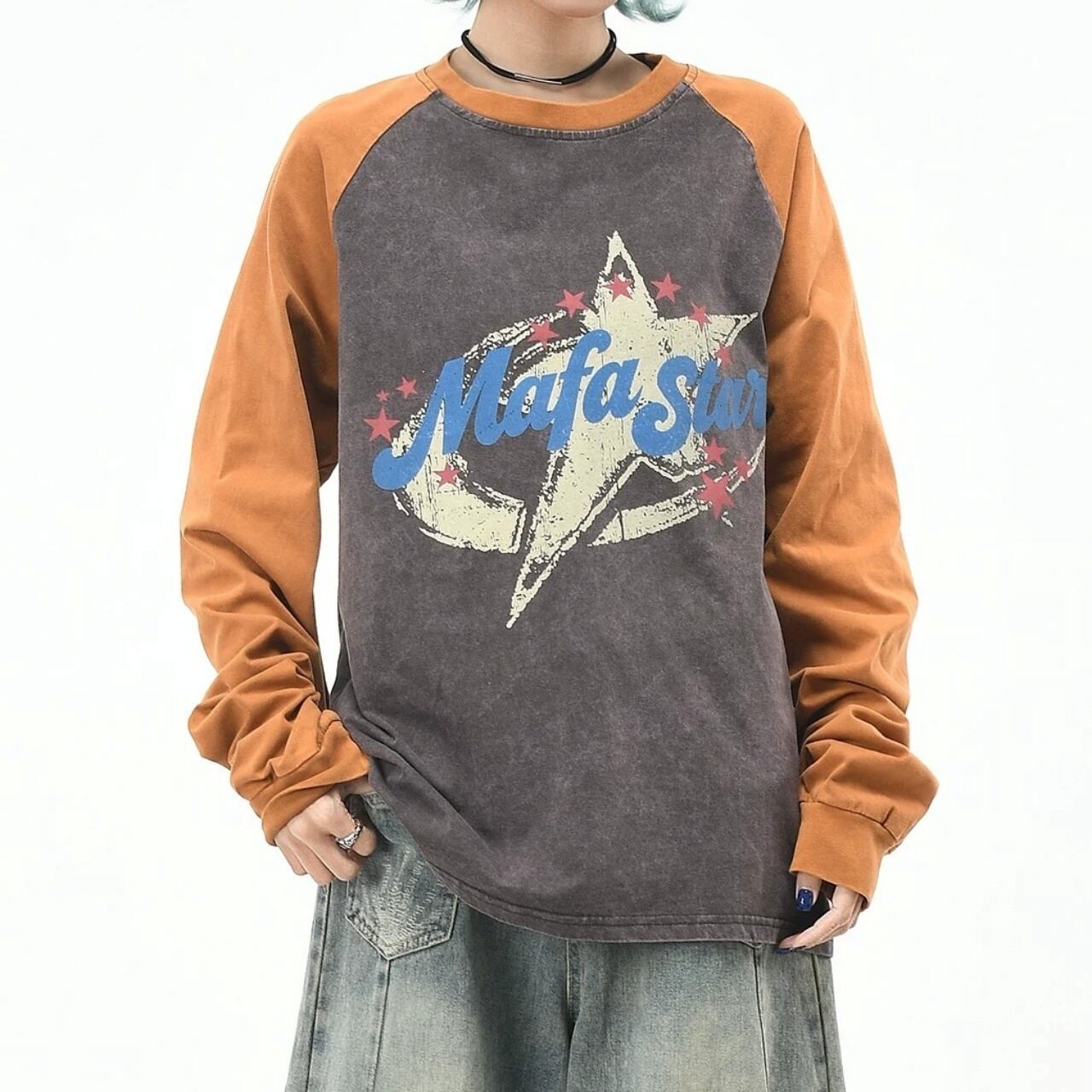クラックレターグラフィックラグランルーズフォルムTシャツ 2col R02573