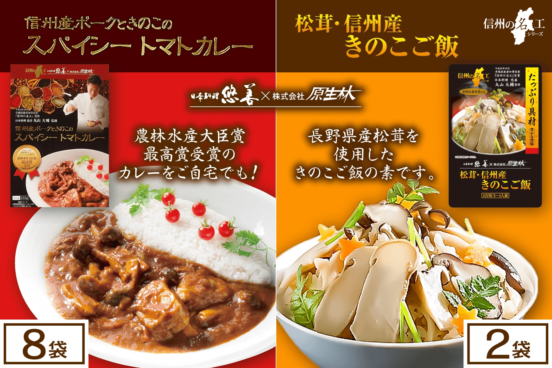 信州産ポークときのこのスパイシートマトカレー 8袋 × 松茸・信州産きのこご飯 2袋セット 悠善