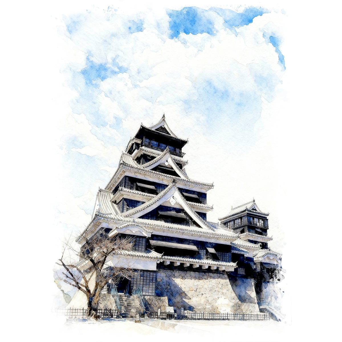 絵画 風景画 日本の城 熊本県熊本城 インテリアアート額付き 水彩画
