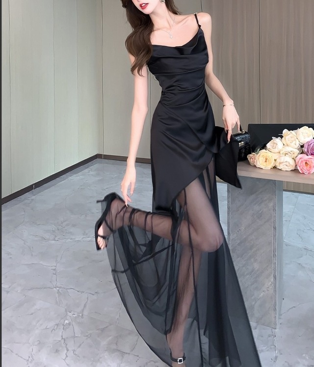 ドレス ワンピース パーティードレス ロングドレス 舞台ドレス キャバドレス ブラックドレス ワンピースドレス セクシードレス ロング マキシ丈 Aライン ドッキング 透け感 シャーリング きれいめ 大人 お洒落 セクシー エレガント レディース パーティー イベント リゾート 旅行 ホテル ガーデン 脚長 送料無料 春 夏 秋 お呼ばれ パーティー 舞台 S M L XL ブラック