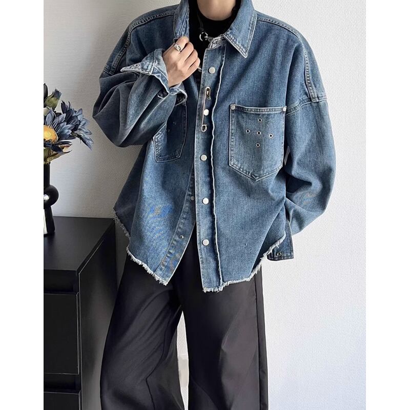 oversized denim material long sleeve work shirt mr0695