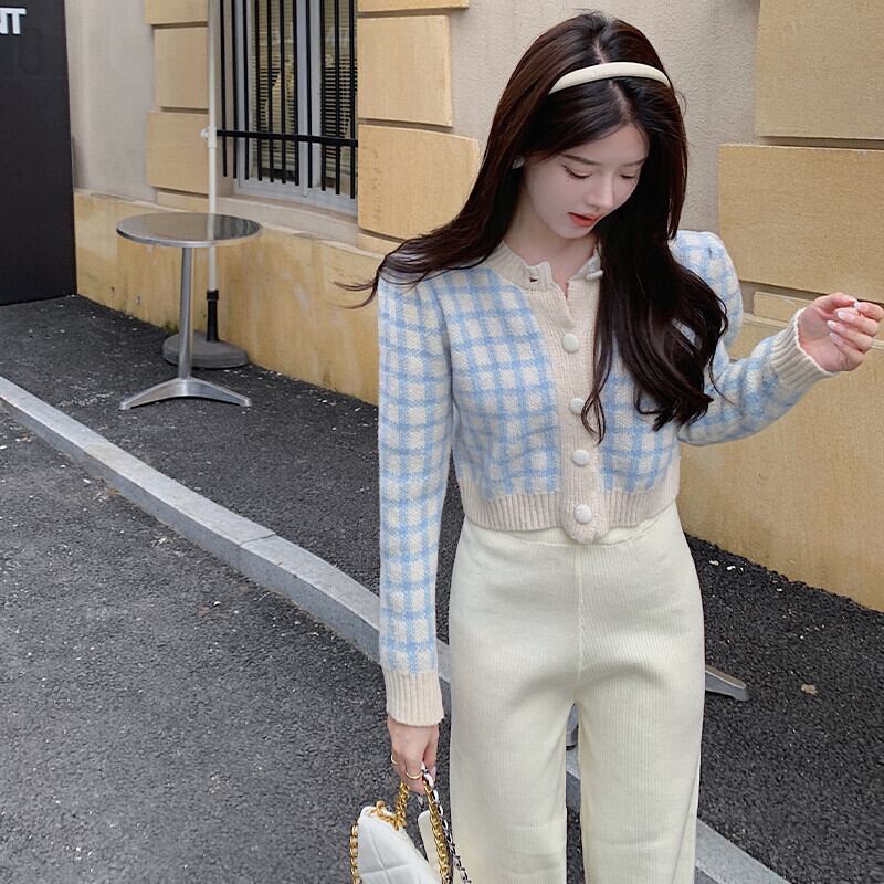 格子柄セーター ジャケット スタイルルーズショート長袖スリーブラウンドネックニットカーディガン ロング 大人ガーリー スウィート キュート カジュアル オータム 秋物 ウィンター 冬物 Oネック ガールズファッション28387142832