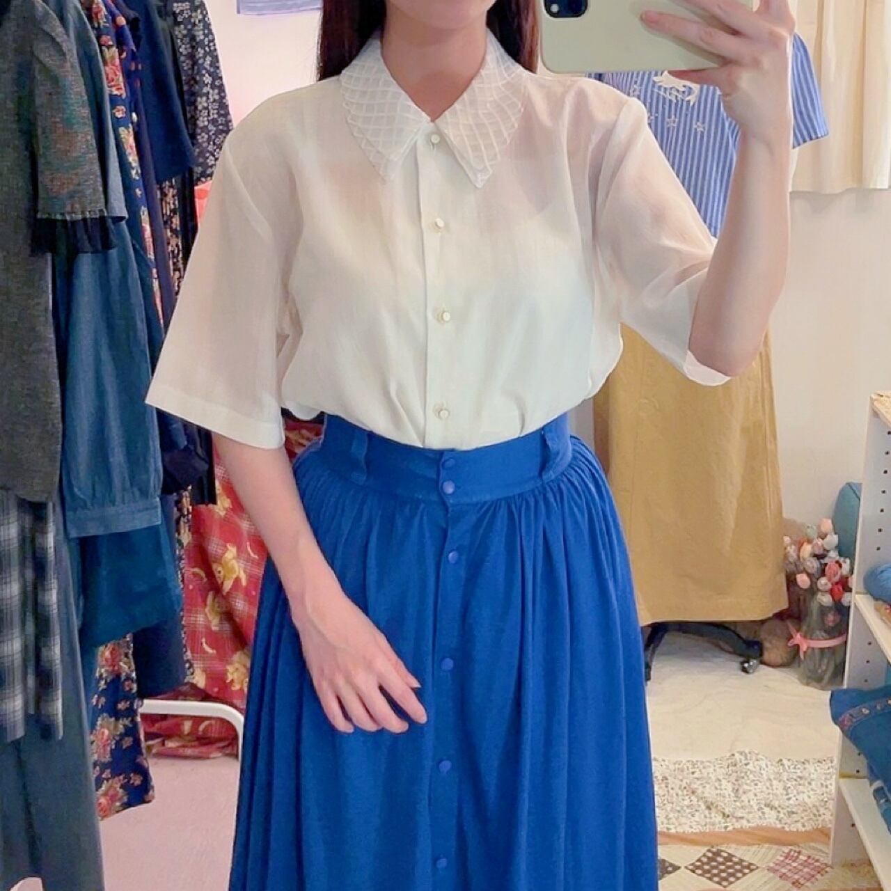 sheer plaid collar white blouse