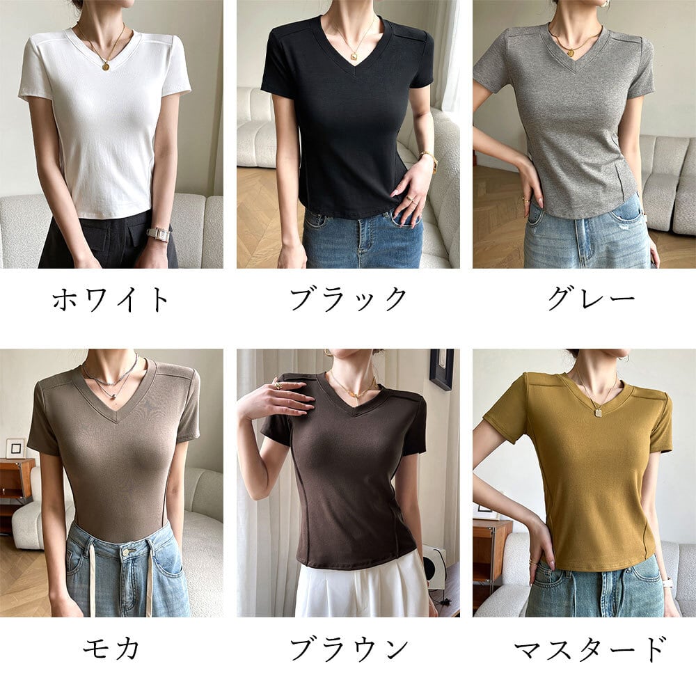 韓国 トップス 半袖 5部丈 無地 シンプル Vネック モノトーン Vネック Tシャツ レディース 半袖 春夏 韓国 トップス 無地