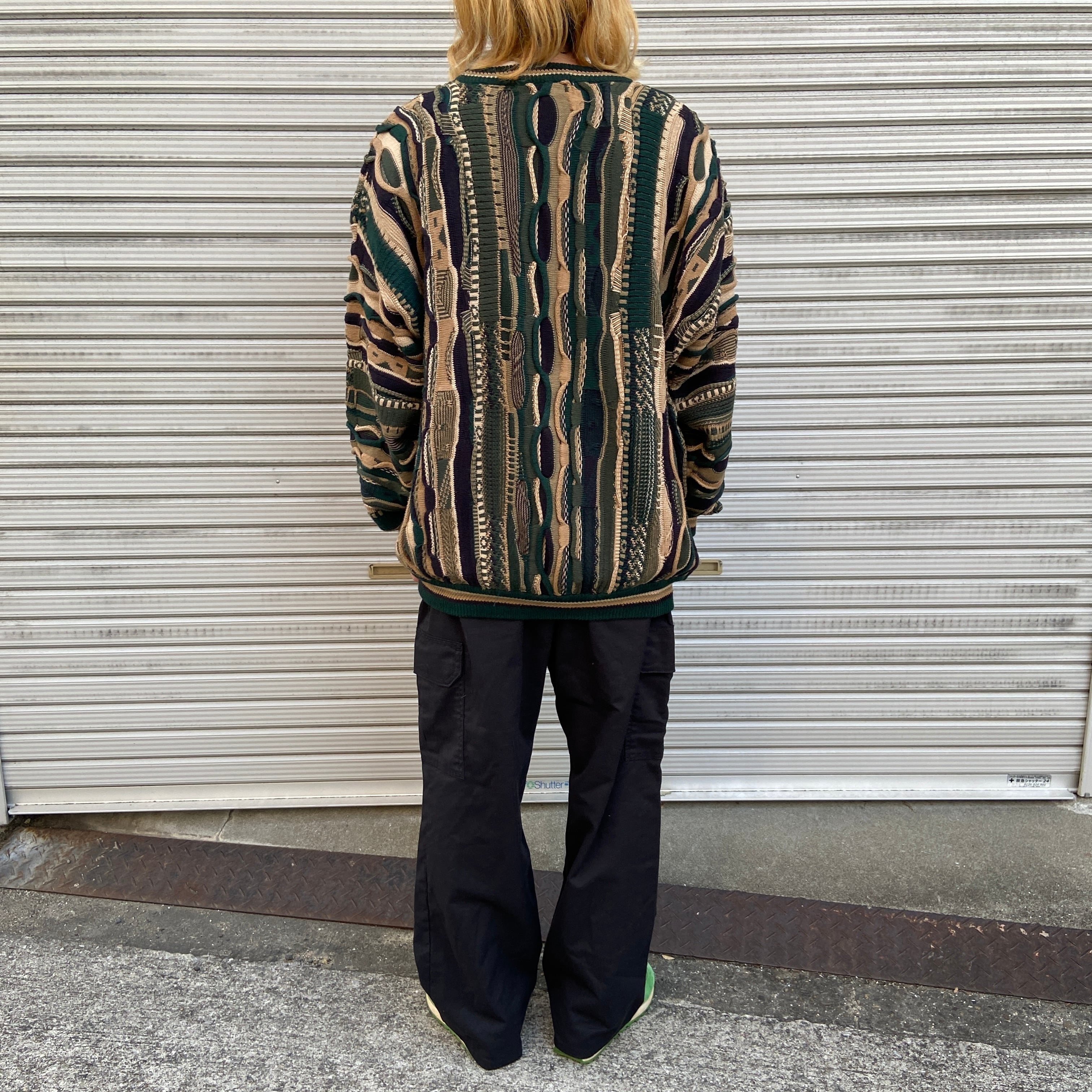 送料無料』90s 3Dニット クージー風セーター 総柄セーター グリーン系