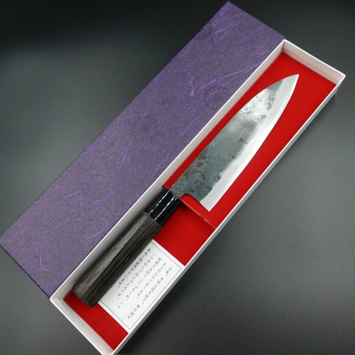 現品】青紙1号 黒打 万能包丁 回り込み 165㎜ #8027 焼栗柄 月光