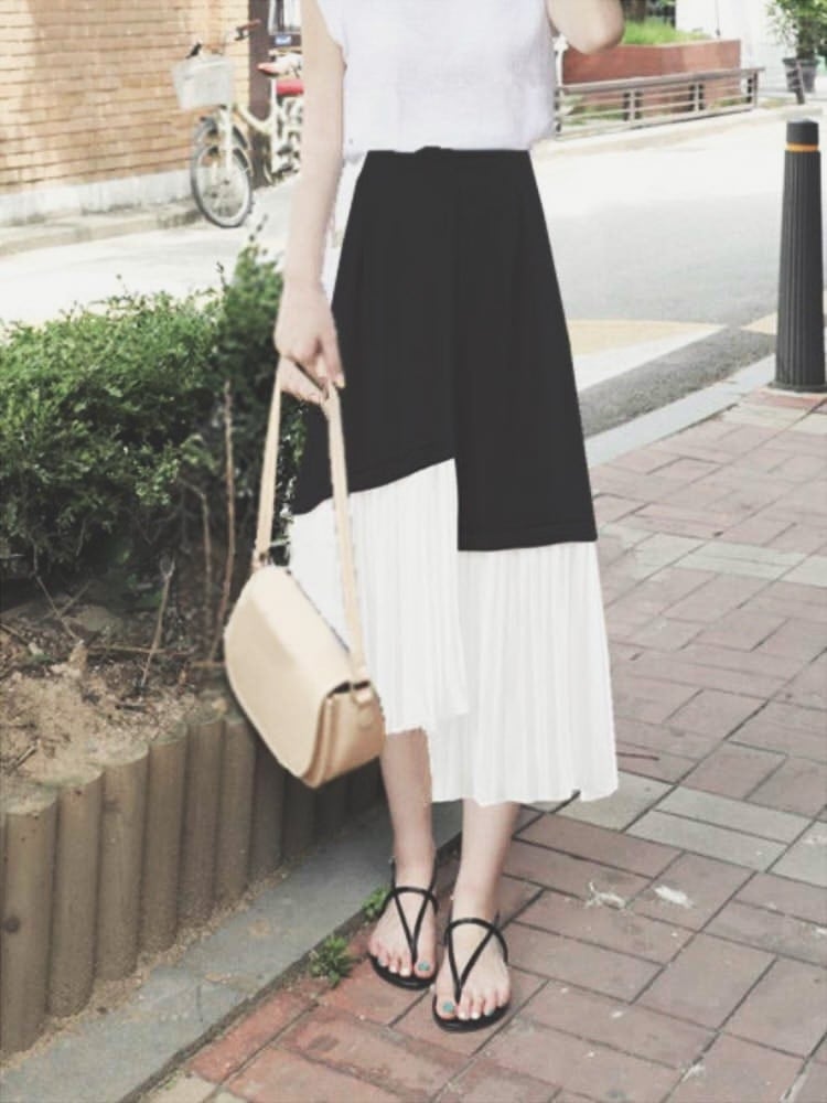 アシメバイカラープリーツスカート きれいめコーデ 大きいサイズ ロング 流行り 大きいサイズ 韓国 Ch4102 可愛い大きいサイズ韓国 レディースファッション通販 Chulachula チュラチュラ