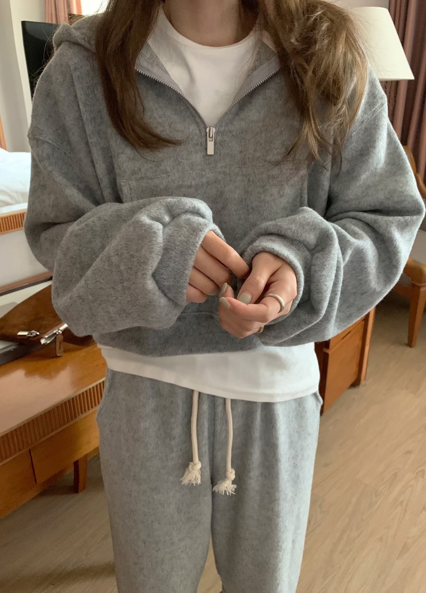 (即納)mellounge / Boca hood half zip up / melange gray