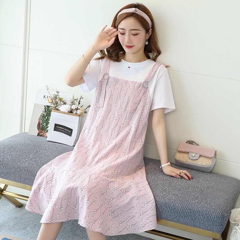 【新作】【送料無料】 マタニティウェア2020夏の新しいファッション半袖フローラルドレスルーズミドル丈フェイクツーピースマタニティドレス-アリババ サマー 夏物 花柄 expec210347293746