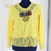 【美品 社交ダンス衣装】トップス レッスンウェア 練習着 黄色 イエロー 花柄 レース 刺繍 長袖 透け感 華やか フェミニン