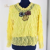 【美品 社交ダンス衣装】トップス レッスンウェア 練習着 黄色 イエロー 花柄 レース 刺繍 長袖 透け感 華やか フェミニン