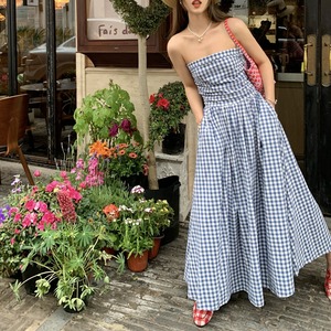 blue plaid backless strapless maxi dress<d3238>