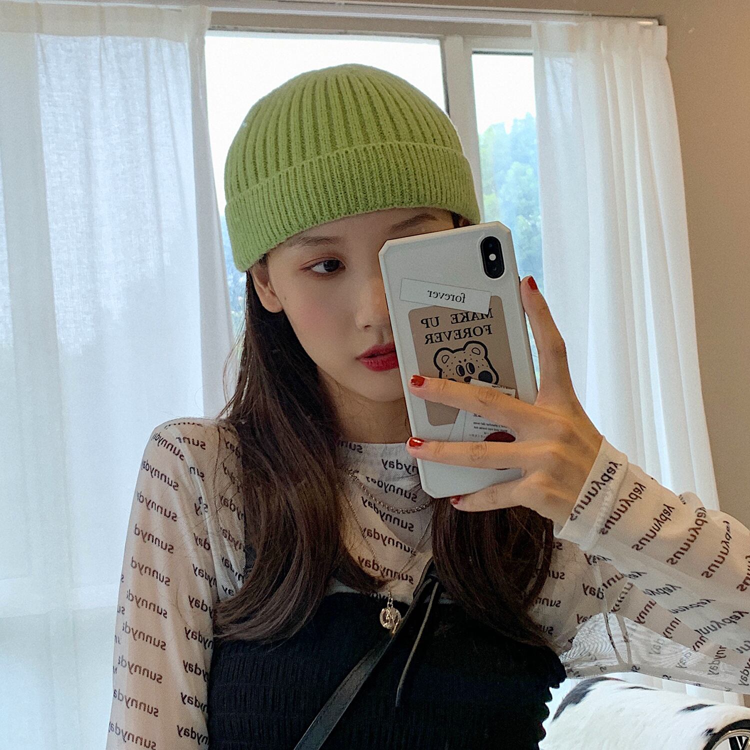 グリーンニットウールオータムウィンターカラーファー 帽子 秋物 冬物 ピュア ブラック・アイド・ピーズ39881381466