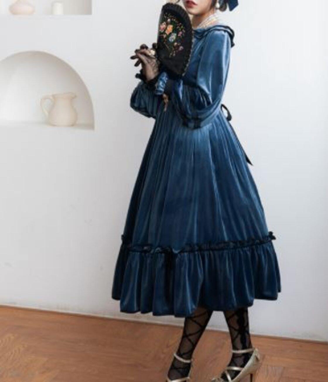 ベロアワンピース 2色 BitterSweet Lolita ロング ミモレ丈 フリル 