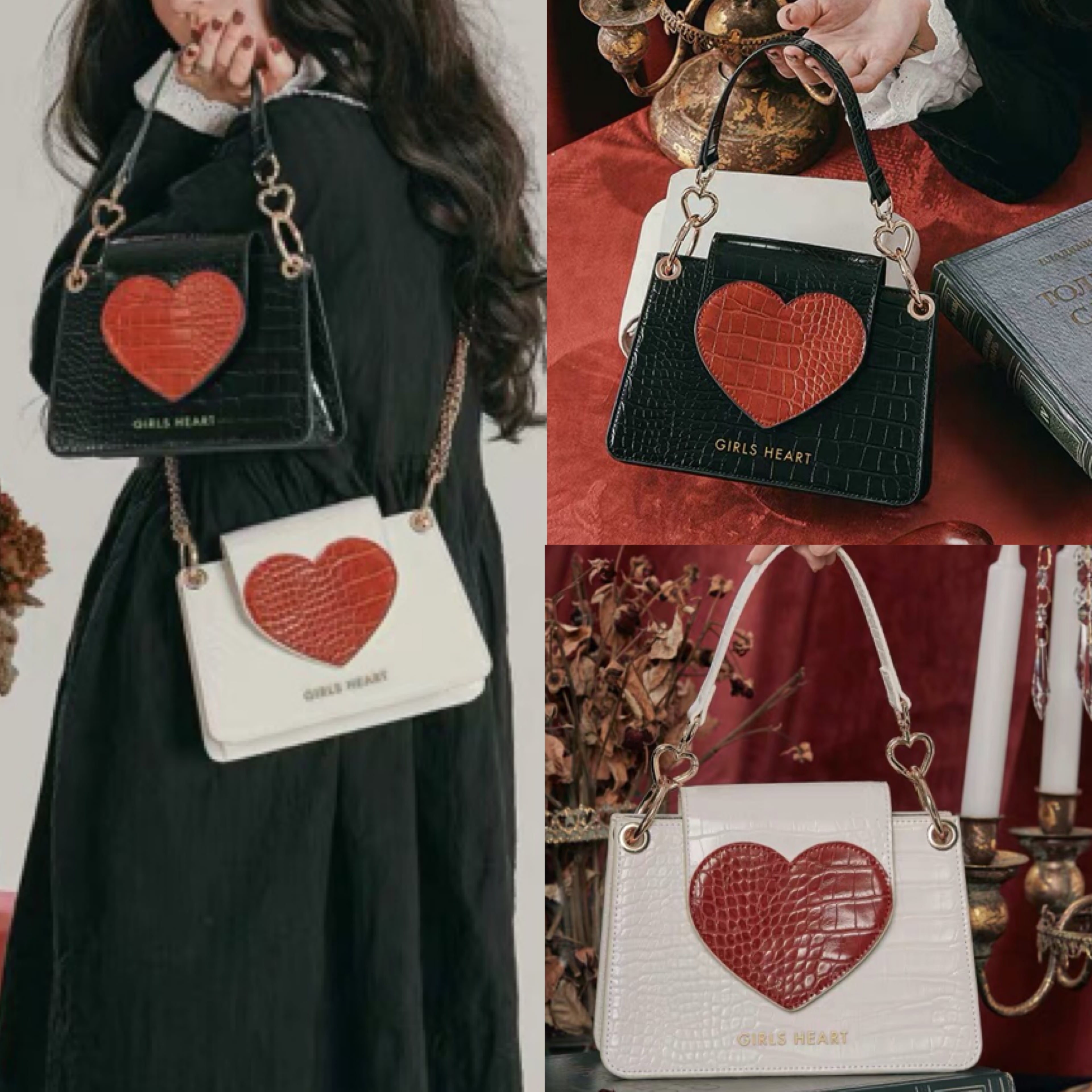 2カラー】型押し 黒 ブラック ホワイト ハンドバッグ 鞄 ハート 赤 白