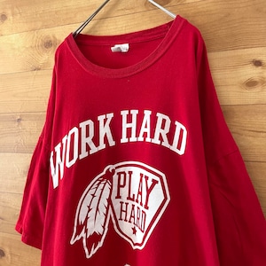 【keya】WORK HARD プリント Tシャツ ロゴ 3XL ビッグサイズ レッド US古着