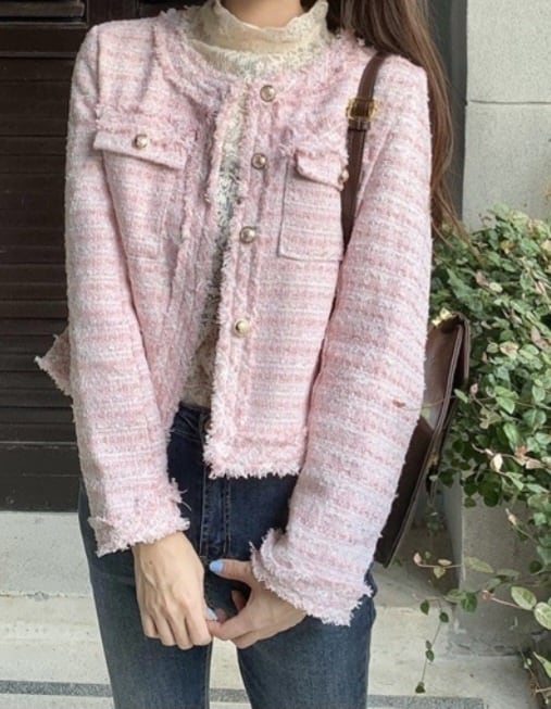 ブリングツイードノーカラージャケット 金釦 ピンク