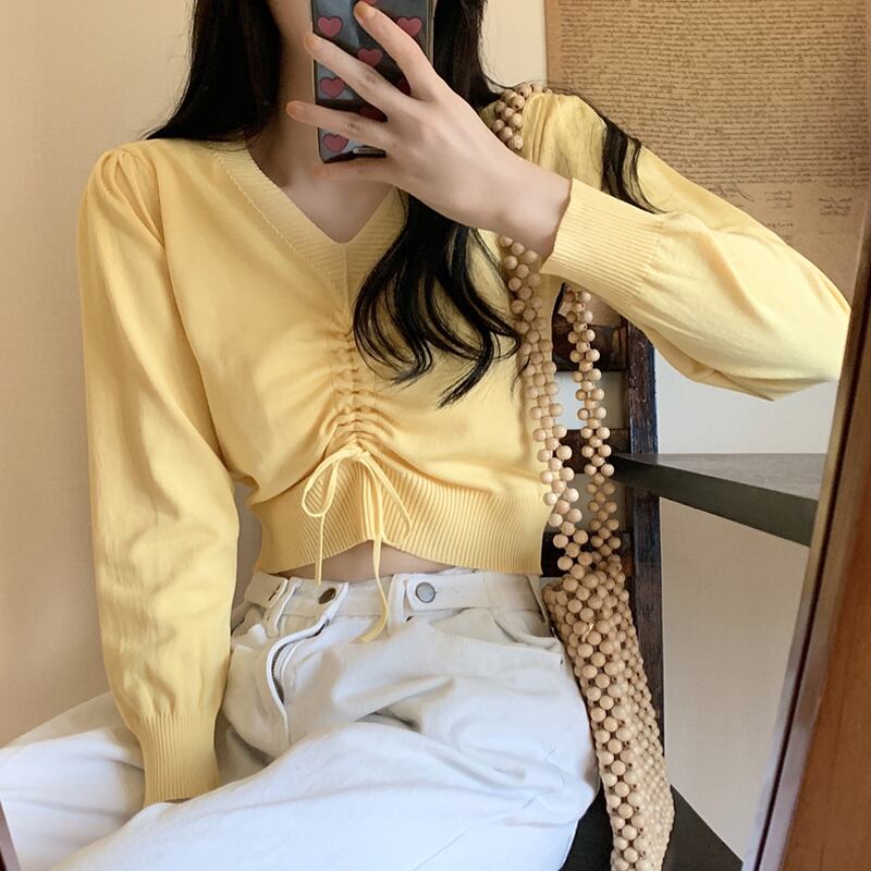 スプリングオータムレッドスリムVネックセーター レディースショートトップス ロング 春物 秋物 試着室45017784717