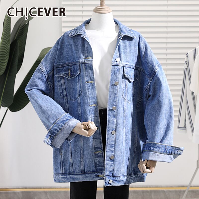 CHICEVERデニムジャケットラペルカラー長袖ラージサイズルーズコートレディース2020春服 ロング 大きめサイズ スプリング 春物 6base589585379708