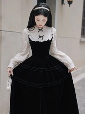 【0136】Black Chic Ribbon Velvet Long Sleeve Dress