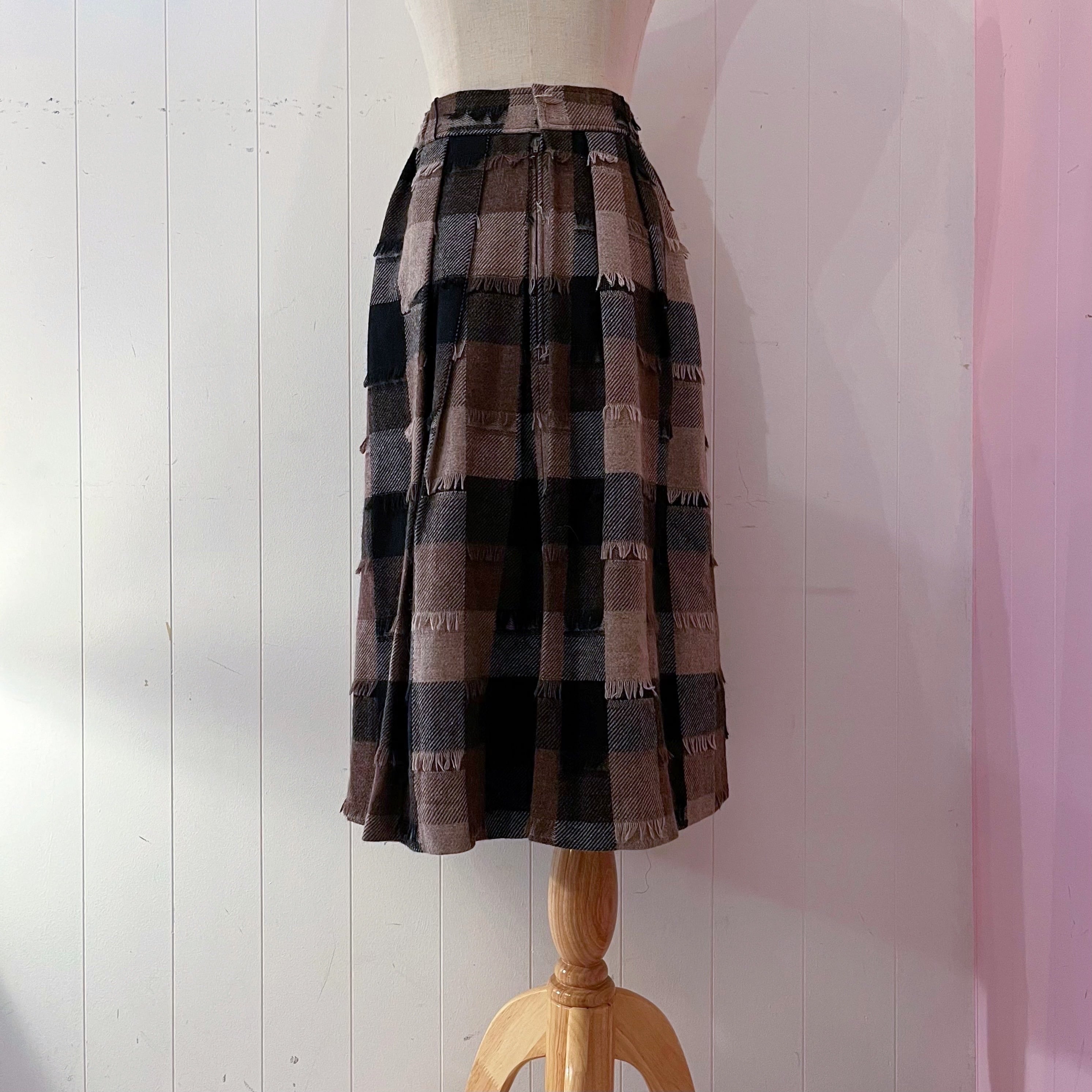 block check fringe wool skirt