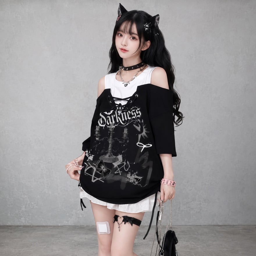黒き記憶に刻む誓い レースアップオフショルサブカル地雷系Tシャツ