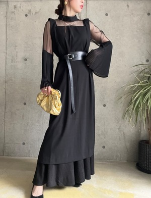 【即納】袖プリーツチュールデザインドレス【ブラック】