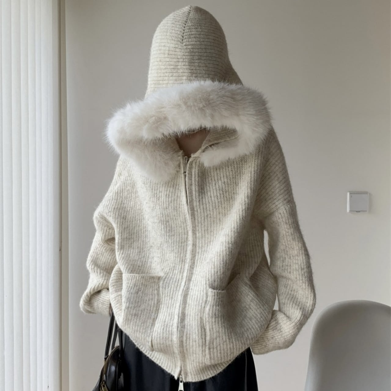 Fur Hood Knit Cardigan 01005