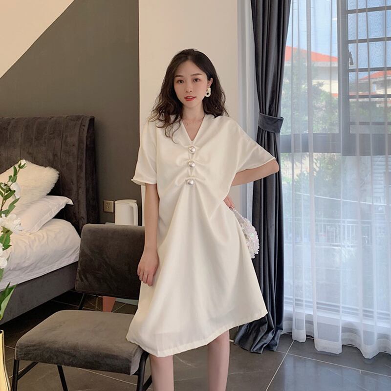 スタイルVネックドレス スプリングホワイトルーズAラインスカート 春物 ドラファッションホール16812217843