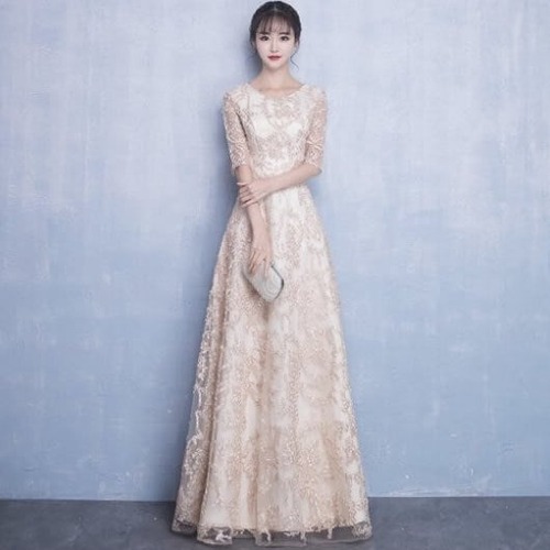 ドレス ロングドレス 大きいサイズ イブニングドレス ウエディング 刺繍 5分丈 Aラインドレス きれいめ 上品 レディース 大人 発表会 演奏会 二次会 お呼ばれ 韓国風 着痩せ ジッパー