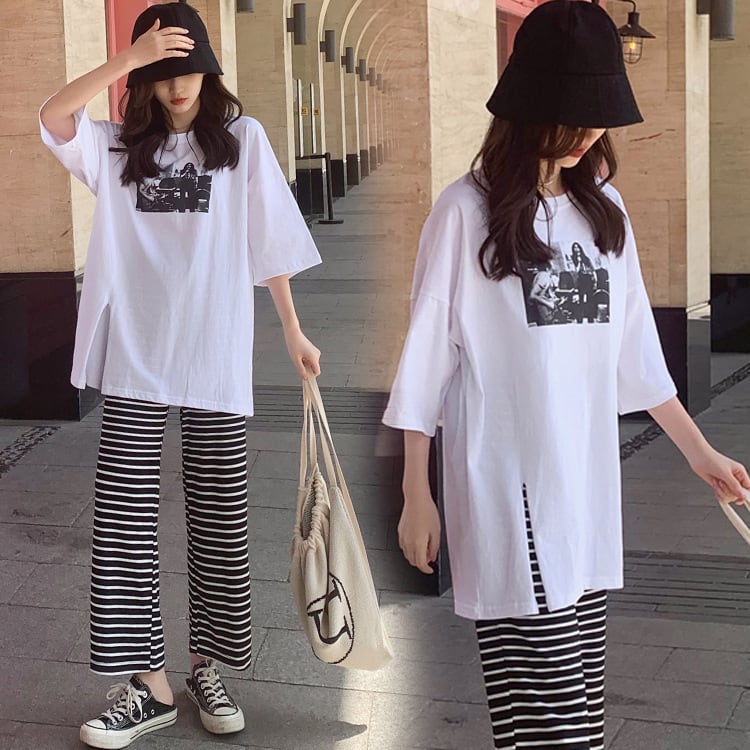 【新作】【送料無料】 マタニティウェア2020夏の新しいルーズスリットTシャツ+ストライプベリーリフトワイドレッグパンツマタニティスーツ-アリババ サマー 夏物 expec239903079912