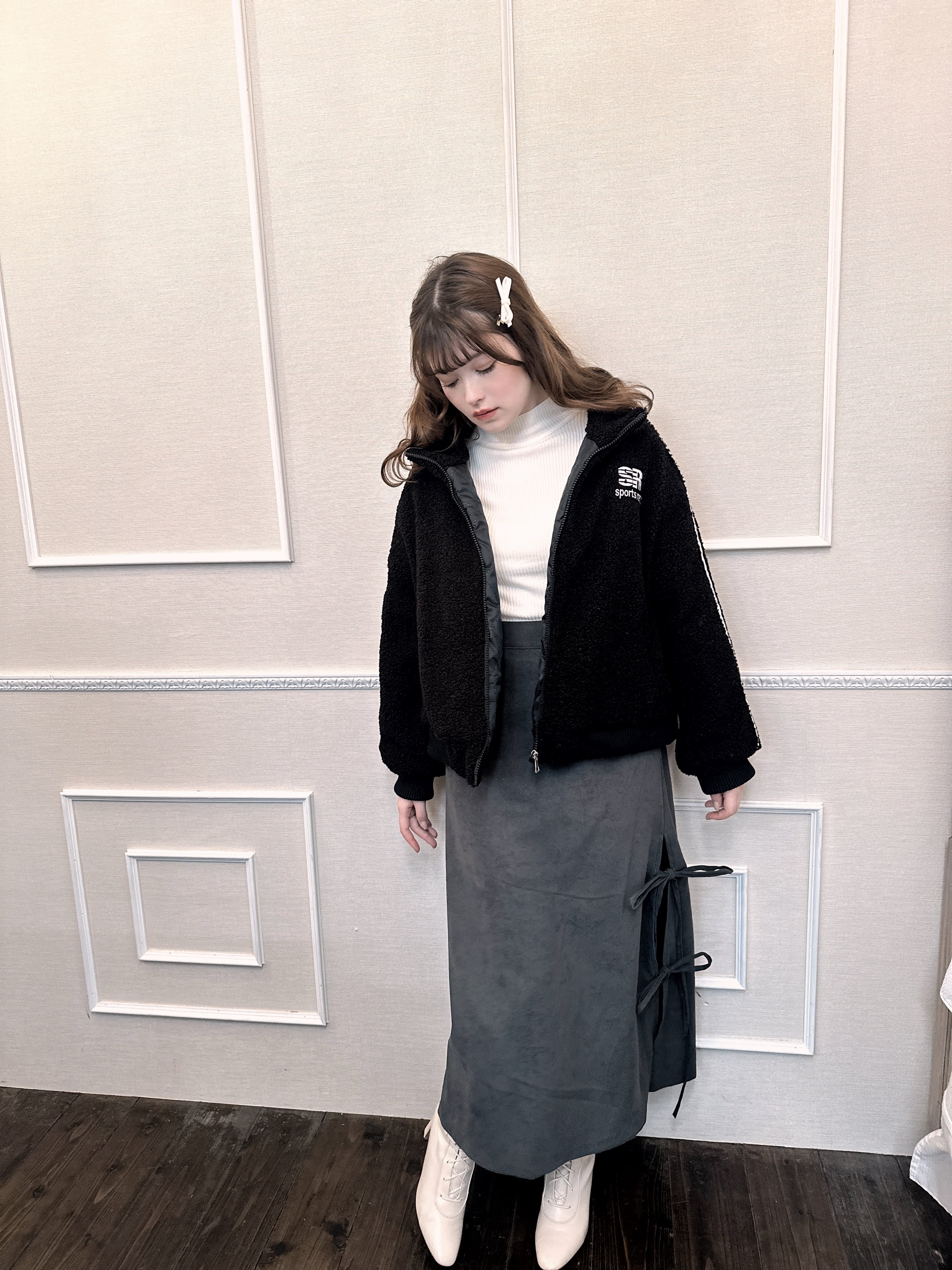 【LAST2】side slit ribbon skirt-BEIGE