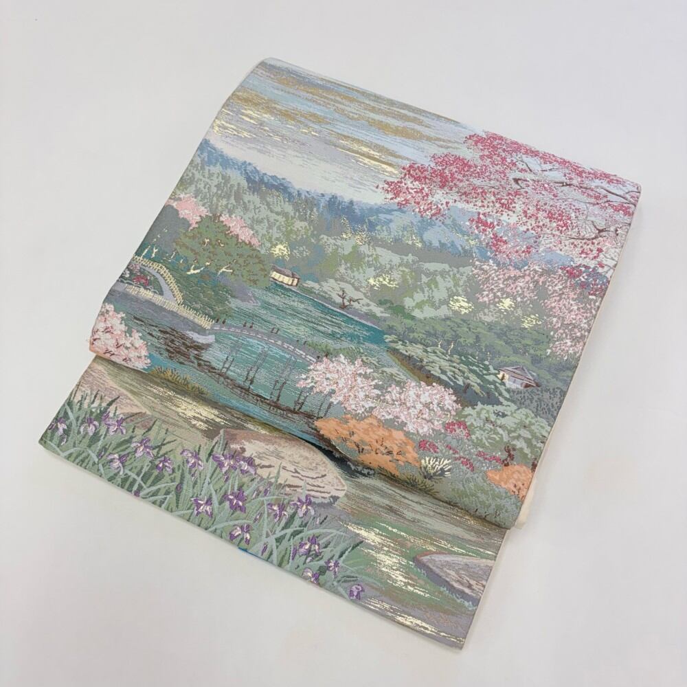 中古 礼装袋帯 正絹 草花 六通柄 グリーン Bランク 430cm 6070