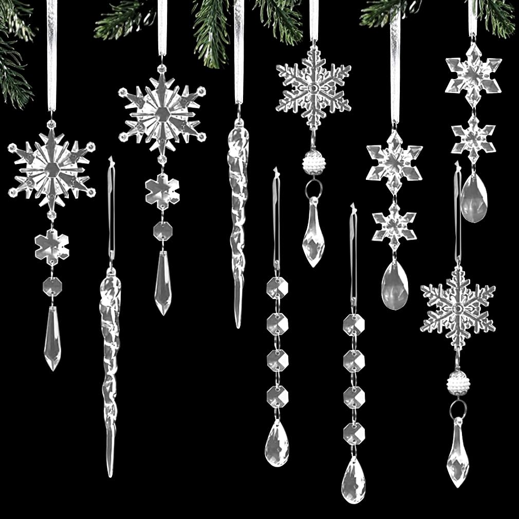 【在庫のみ】iSuperb クリスマスツリー オーナメント 10枚セット アクリル クリスマス スノーフレークペンダント5スタイル各2本+リボン 透明雪の結晶アイスリブ ぶら下げ 小物 クリスマス飾り ストラップ 吊り 壁 掛け 玄関 インテリア 紐付き