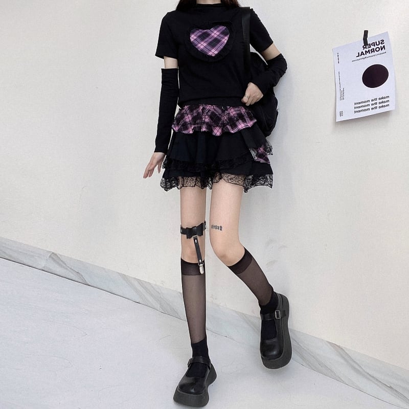 サブカル 服 地雷系 通販 ツーピース オールインワン ピンク チェック柄 アームカバー付き レース ミニスカ ハートバンギャ