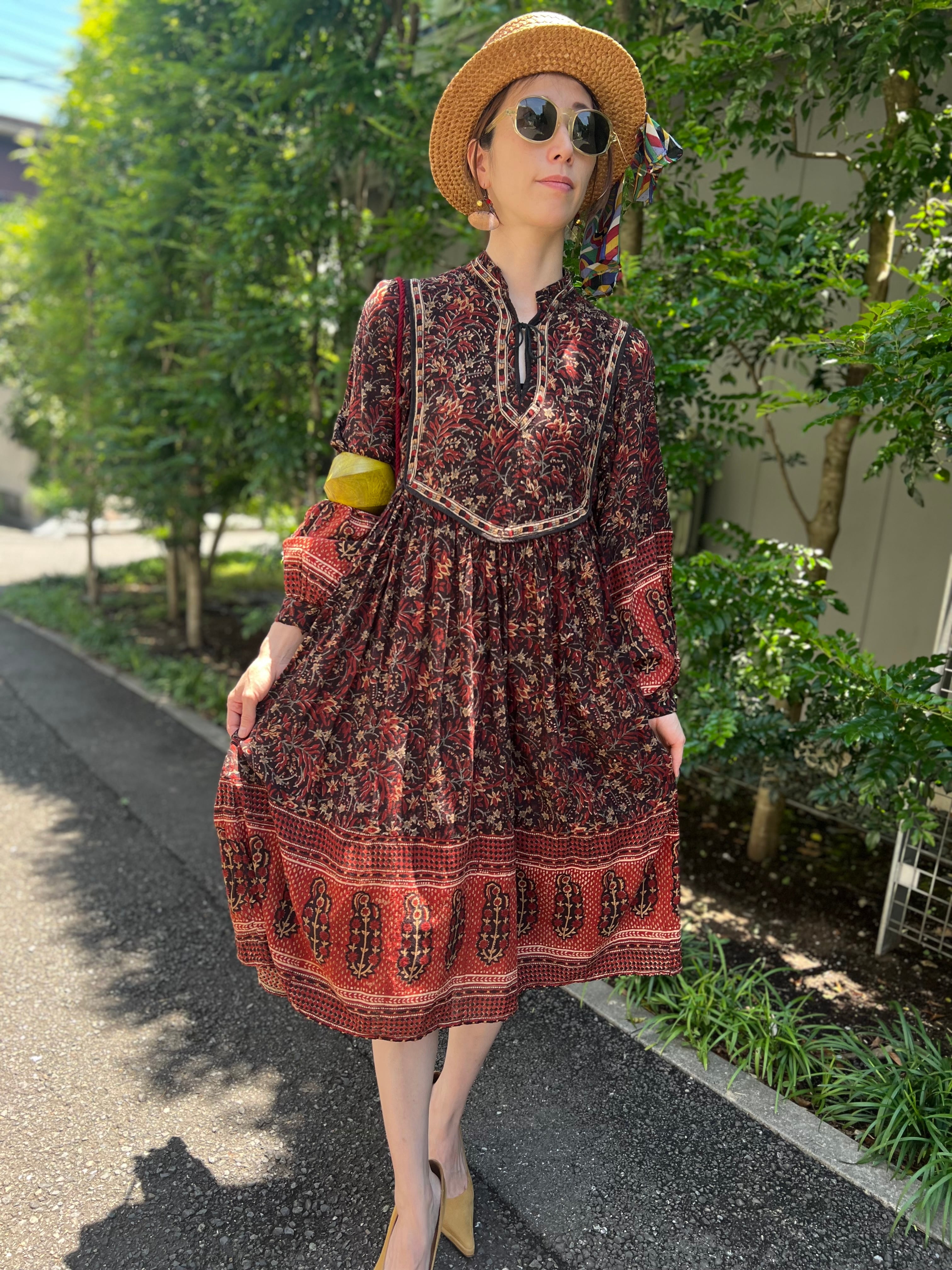 70s indian cotton brown dress ( ヴィンテージ インドコットン 70s indian cotton brown dress ( ヴィンテージ インドコットン