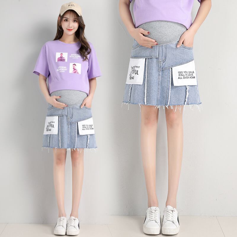 【新作】【送料無料】 515＃サマーコットンデニムマタニティスカートライトブルーアジャスタベベリースカート服妊娠中の女性Aライン妊娠 夏物 AL expec391736156616