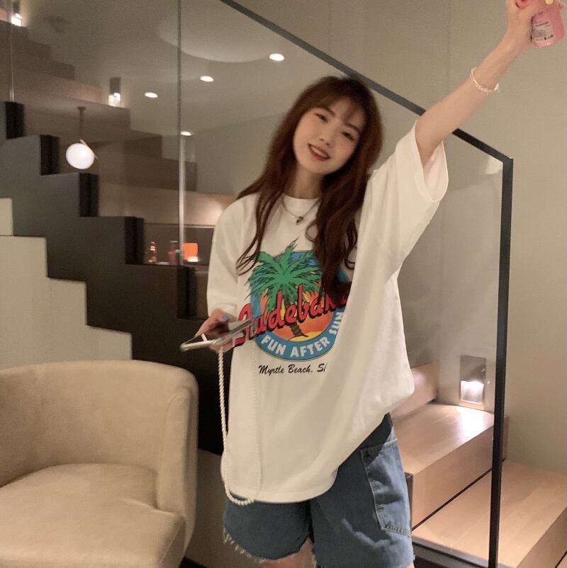 サマールーズラウンドネックカジュアルプリントTシャツ 夏物 ビーチ Oネック モンロー10392185288