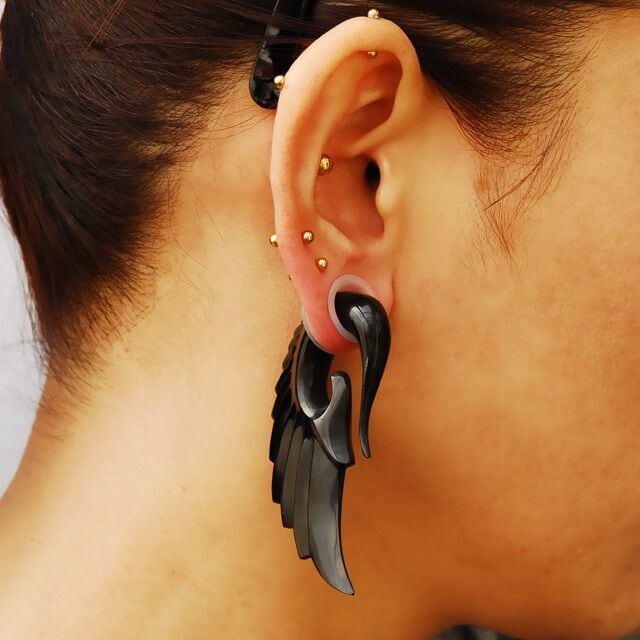 ボディピアス 0G 00G Black Angel Wing フックピアス 天然素材 羽根