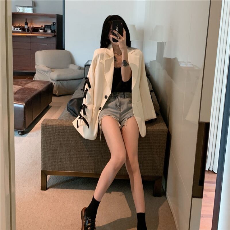 ボウノットルーズスタイルスーツ女性デザインセンスニッチジャケット2020秋新作ホワイトスーツジャケット ブラックストロベリース30095462422