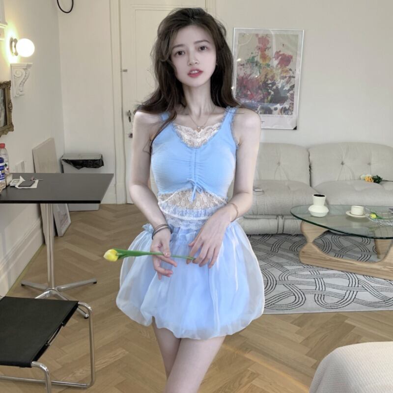 レースハイウェストウェストメッシュAラインスカート ステッチ ハンチェンe87113563940