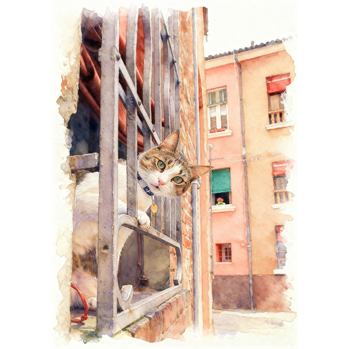 絵画 動物 街中の猫 インテリアアート額付き 水彩画風 WAT1785