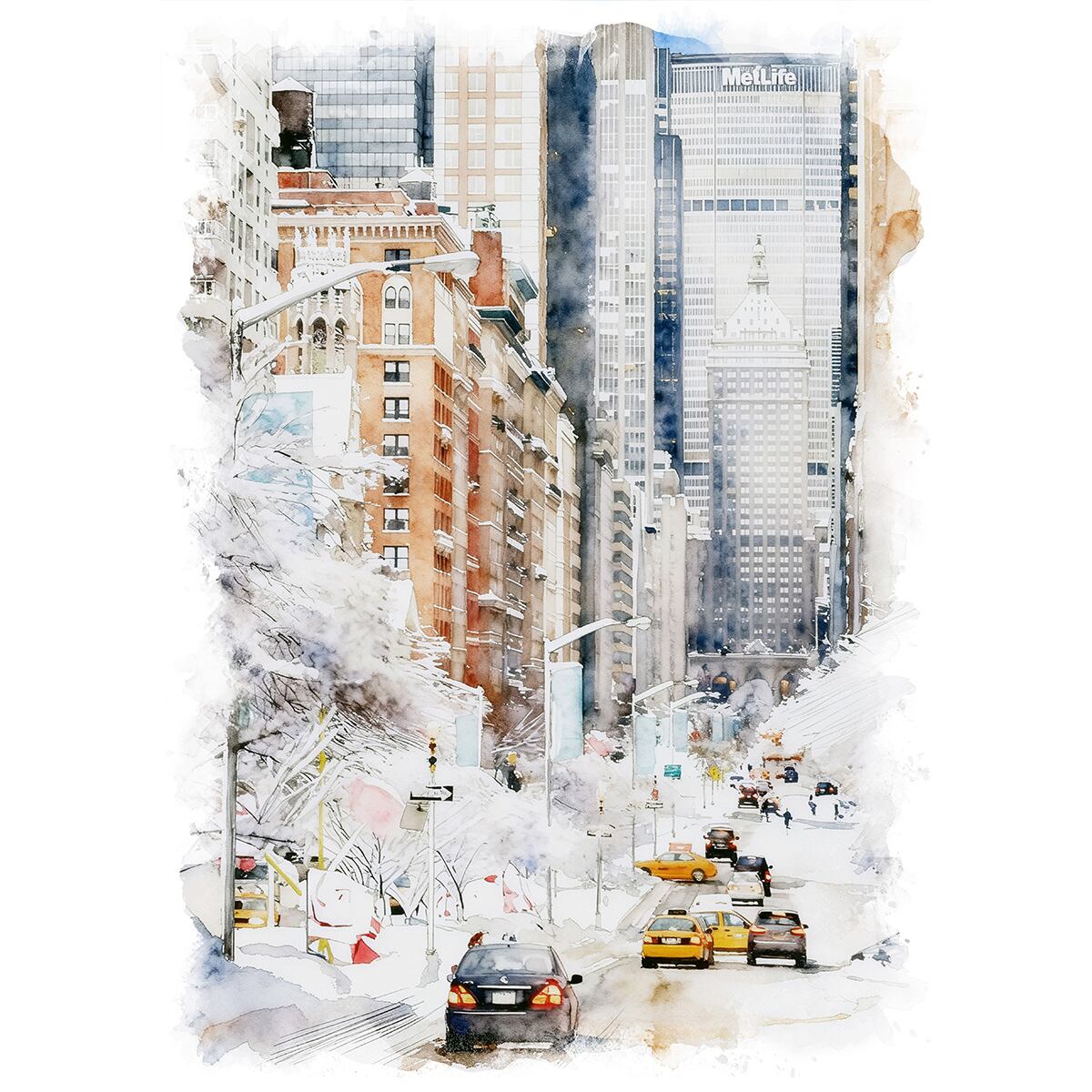 絵画 風景画(街並み) 冬 アメリカ 雪のニューヨーク インテリアアート額付き 水彩画・油絵風 WAT0992