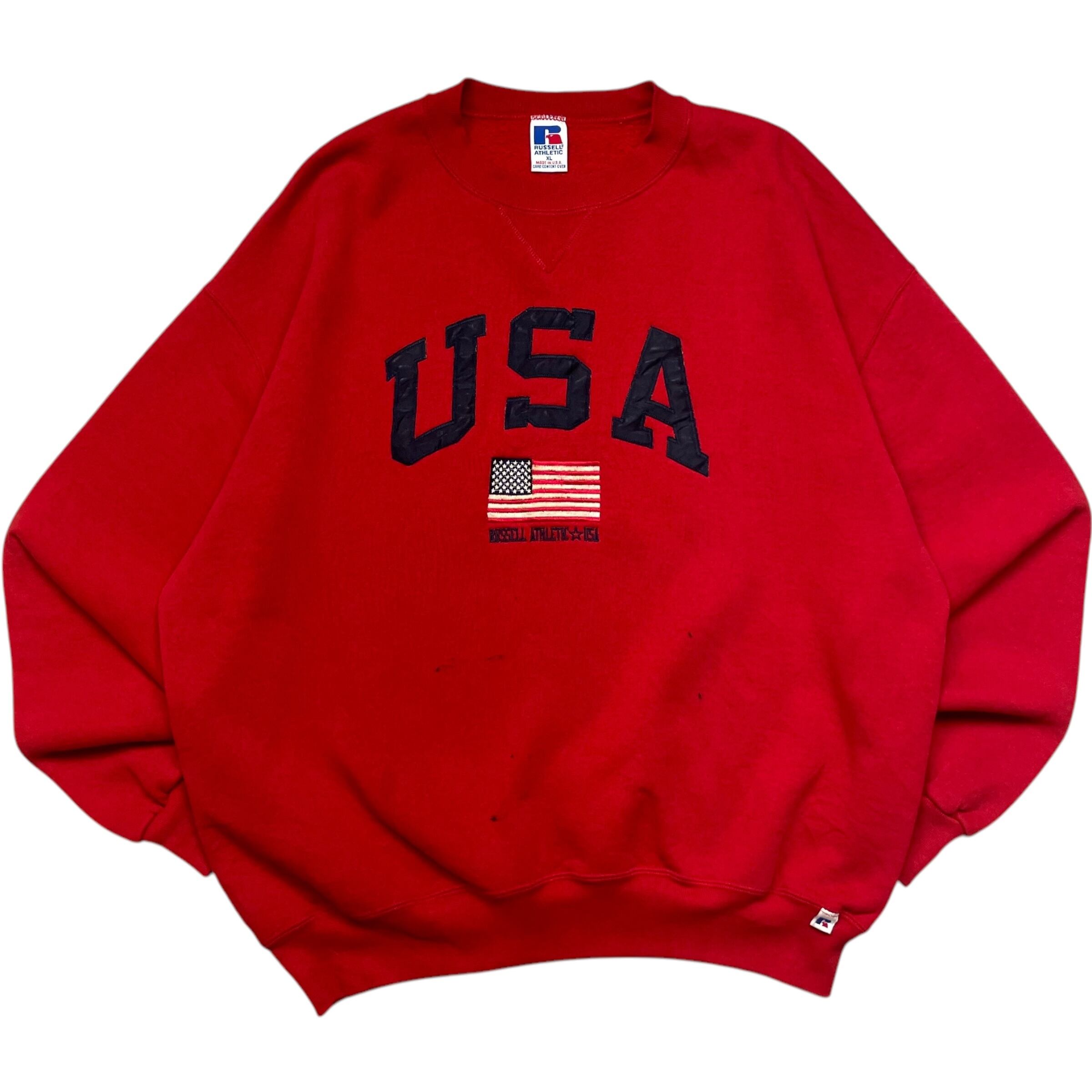 《XL》 russell athletic ラッセルアスレチック スウェット 前V アメリカ星条旗 レッド USA製 90年代 vintage no.7044
