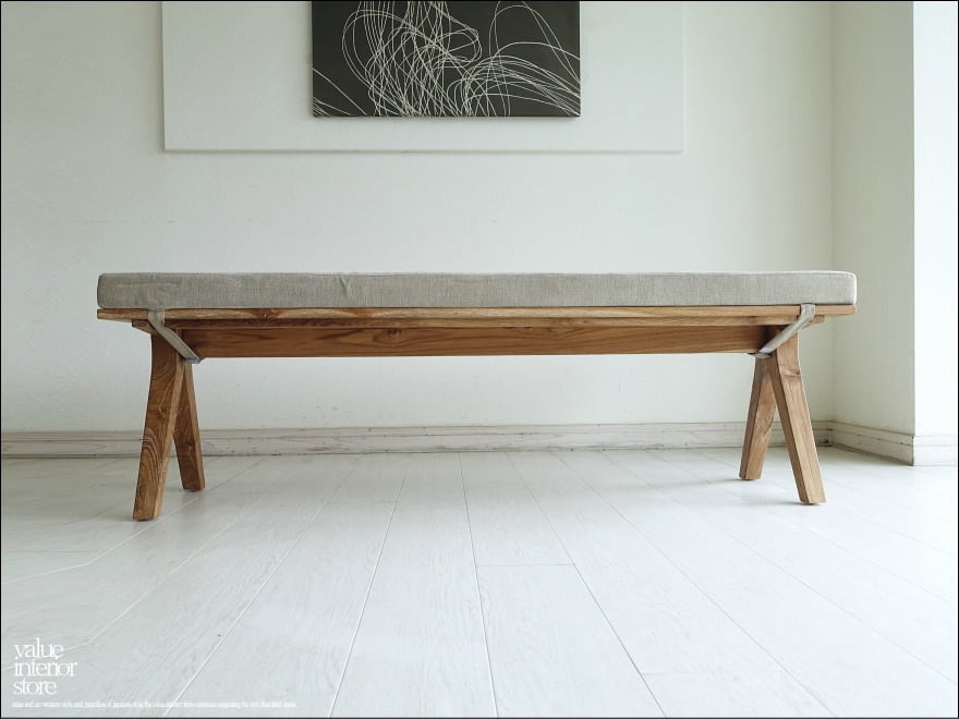 チーク無垢材 ベンチソファ/Sin 長椅子 イス 椅子 ダイニングベンチ 無垢材ベンチ W150cm 「 ファブリック x 無垢材 」