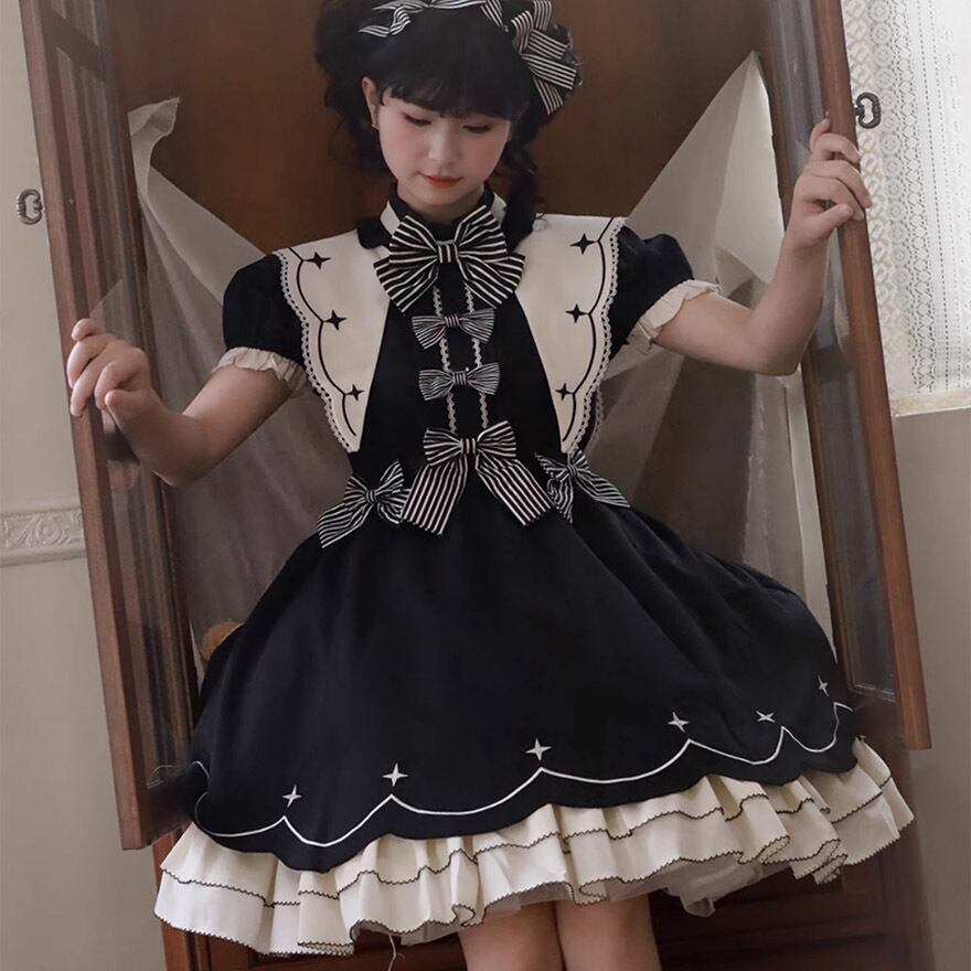 予約販売 半袖ワンピース ビッグカラー 大きめ襟 リボン 子猫 子羊