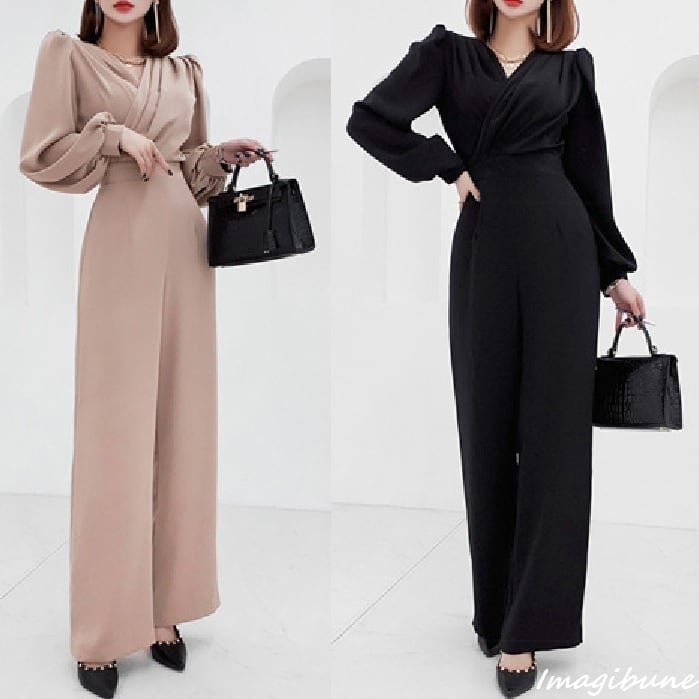 カシュクール パンツドレス Vネック スリット S-XL 2color 韓国 新作 オールインワン パンツドレス パンツ ロングパンツ 体型