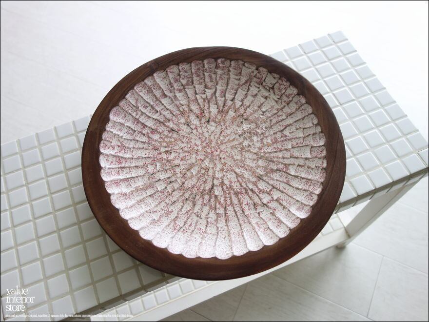 モンキーポッド総無垢材 デコレーショントレイG 菓子鉢 小物入れ 飾り皿 木製 手作り エスニック ハンドメイド 一点物 直径34cm